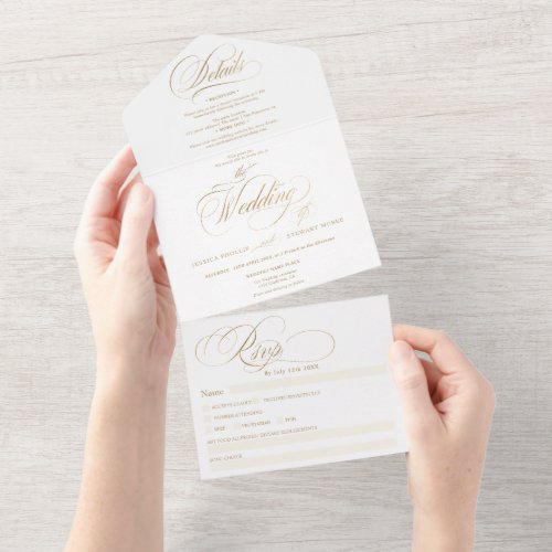 Chic gold elegant script calligraphy wedding all in one invitation - Chic faux gold foil elegant classic call in one calligraphy wedding invitation with rsvp, accommodations, details, and more info. With a beautiful brush calligraphy script
