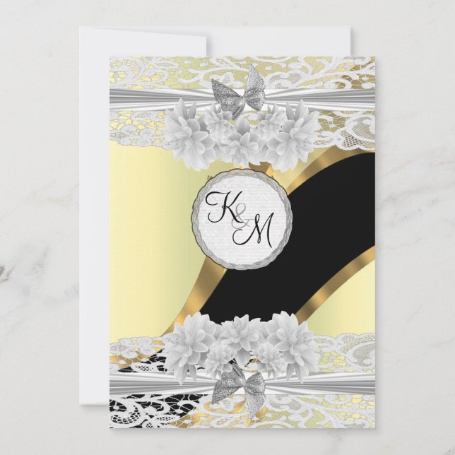 Chic gold elegant white lace monogram wedding invitation (Back)