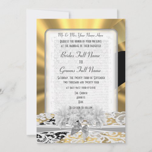 Chic gold elegant white lace wedding invitation