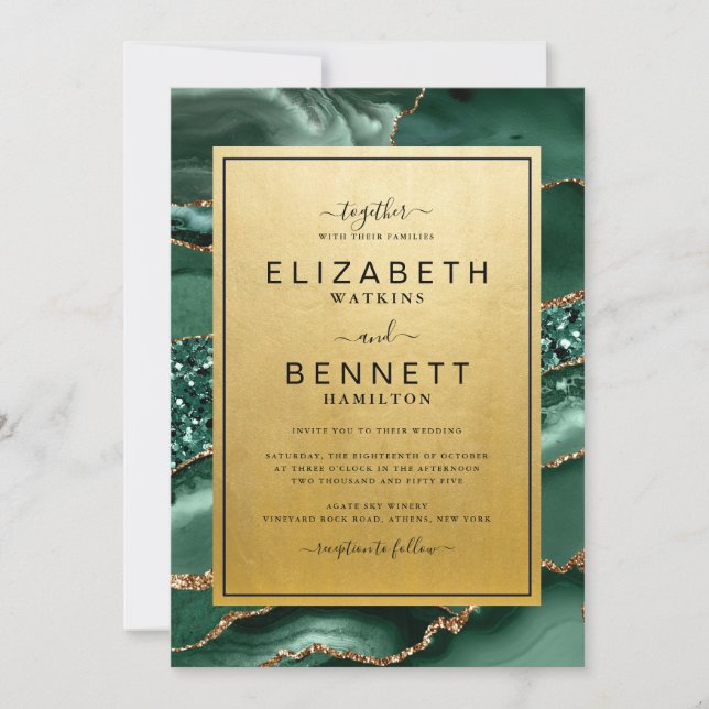 Chic Gold Emerald Green Agate Wedding Invitation (Front)