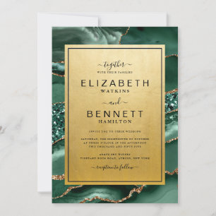 Chic Gold Emerald Green Agate Wedding Invitation