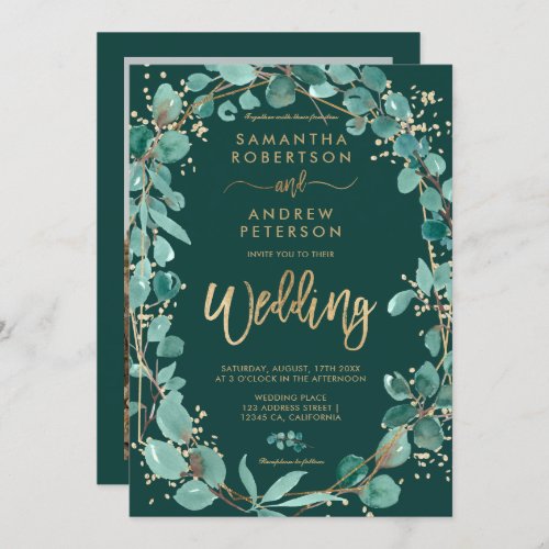 Chic gold eucalyptus green photo script wedding invitation