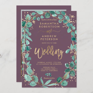 Chic gold eucalyptus purple photo script wedding invitation