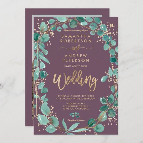 Chic gold eucalyptus purple photo script wedding invitation