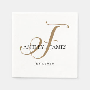 Chic Gold F Monogram Script Name Wedding Date Napkins