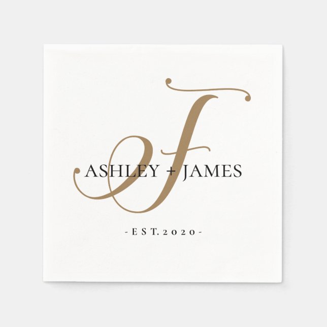  Chic Gold F Monogram Script Name Wedding Date Napkins (Front)