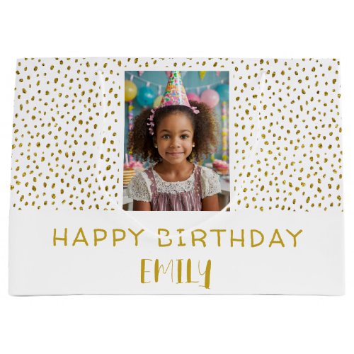 Chic Gold Faux Glitter Birthday Kids Girl Photo Large Gift Bag