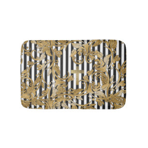 Chic gold faux glitter flowers vintage stripes bathroom mat
