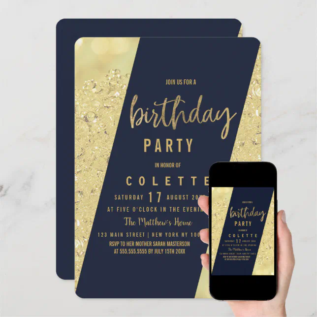 Chic gold faux glitter navy blue Birthday Party Invitation | Zazzle