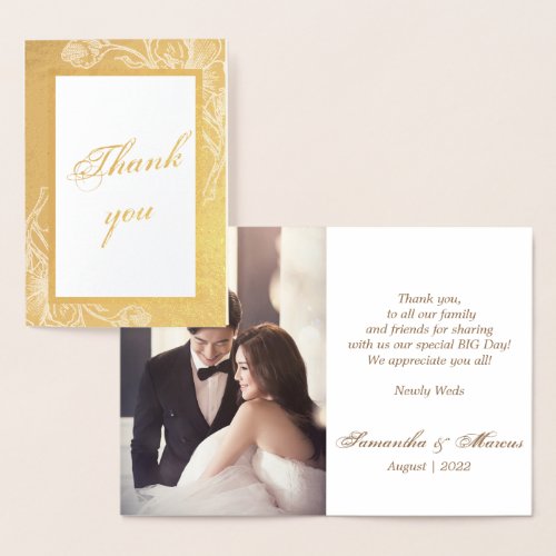 Chic Gold Faux Metal Photo Wedding Thank You Real Foil Card