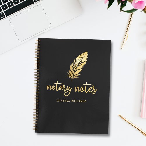 Chic Gold Feather Notary Name Modern Script Notebook