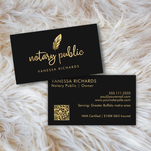 Chic Gold Feather Notary Name Modern Script QR  Business Card
