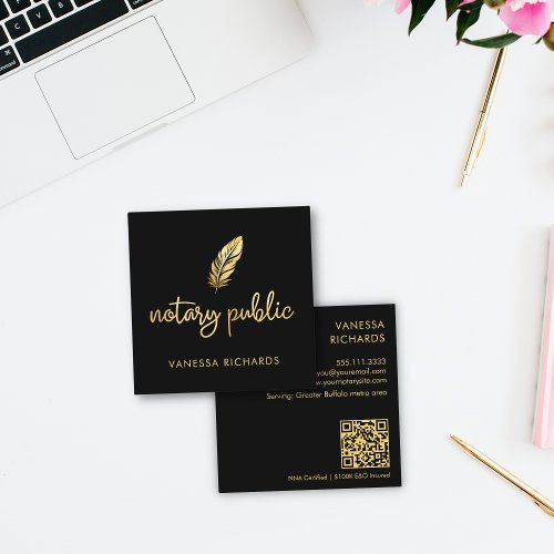 Chic Gold Feather Notary Name Modern Script QR  Square Business Card