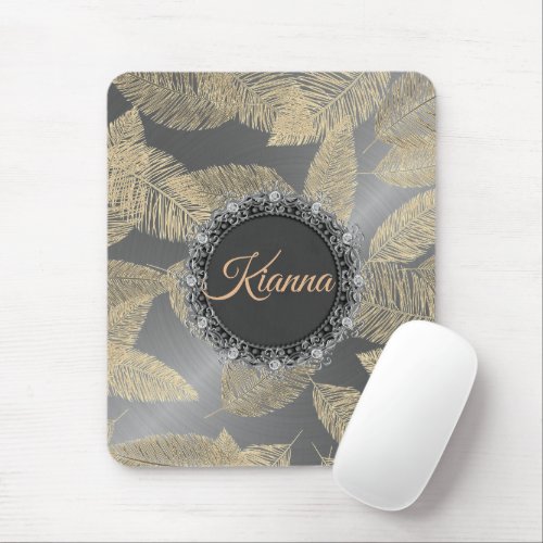 Chic Gold Feathers on Sleek Silver Personalized Mouse Pad