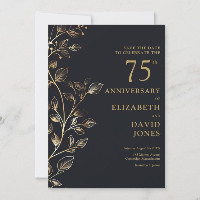 Chic Gold Floral 75th Wedding Anniversary Save The Date (Front)