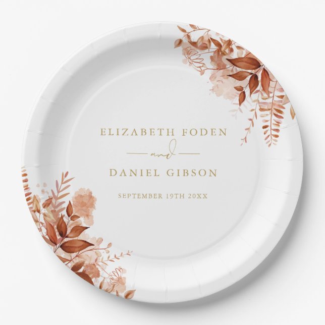 Chic Gold Floral Autumn Fall Wedding Paper Plates (Front)