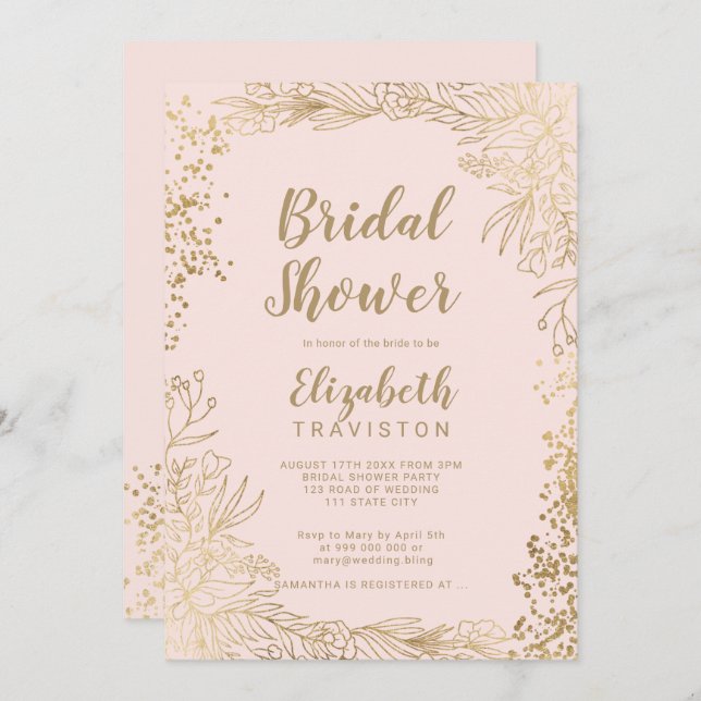 Chic gold floral confetti blush pink bridal shower invitation (Front/Back)