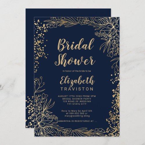 Chic gold floral confetti navy blue bridal shower invitation