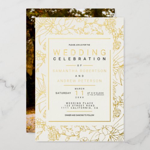 Chic gold floral frame ivory elegant wedding photo foil invitation
