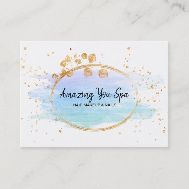 *~* Chic Gold Floral Frame Rainbow Watercolor Business Card (Front)