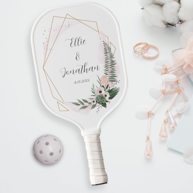 Chic Gold Floral Frame Wedding Couple Name Date Pickleball Paddle (Creator Uploaded)