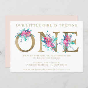 Chic gold floral letter 1st birthday blush pink invitation