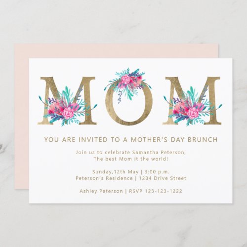 Chic gold floral letter Mom blush pink mothers day Invitation