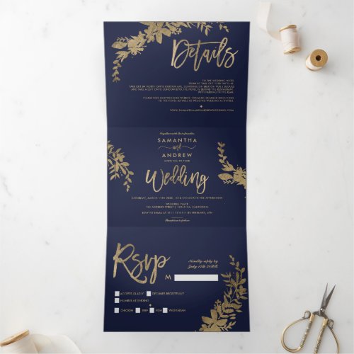 Chic gold Floral navy blue elegant script wedding Tri_Fold Invitation