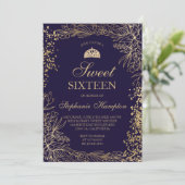 Chic gold floral navy blue Tiara chic Sweet 16 Invitation (Standing Front)