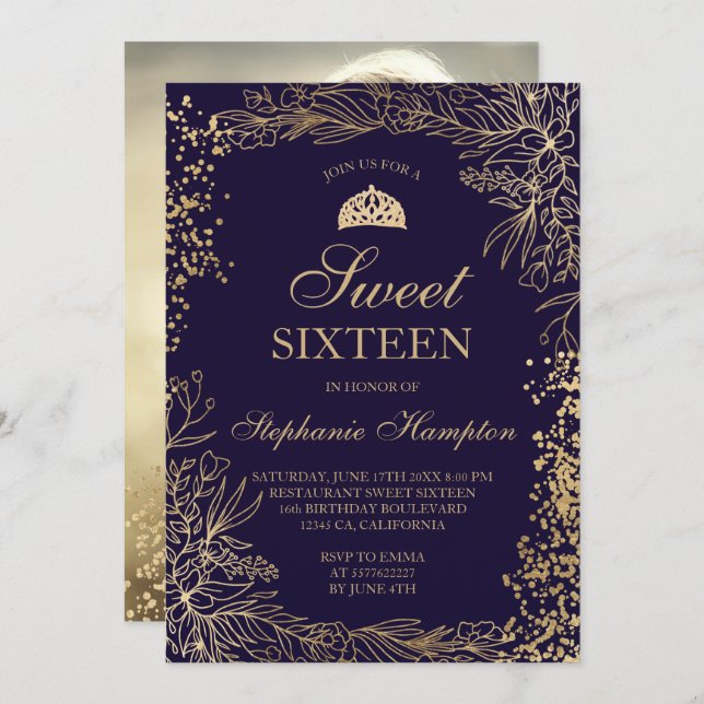 Chic gold floral navy blue Tiara chic Sweet 16 Invitation (Front/Back)