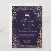Chic gold floral navy blue Tiara chic Sweet 16 Invitation (Front)