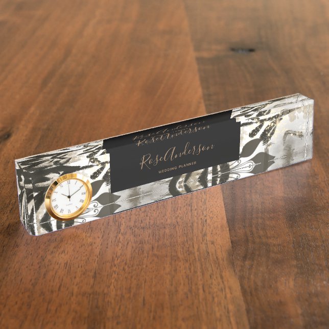 Chic Gold Floral Pattern Typography Desk Name Plate (Side)