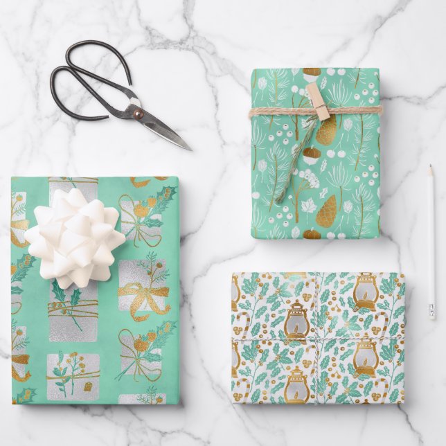 Chic Gold Floral, Presents & Holly Wrapping Paper Sheets (Front)