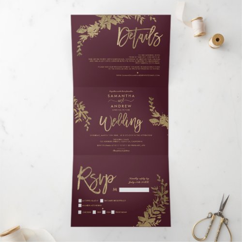 Chic gold Floral red burgundy chic script wedding Tri_Fold Invitation