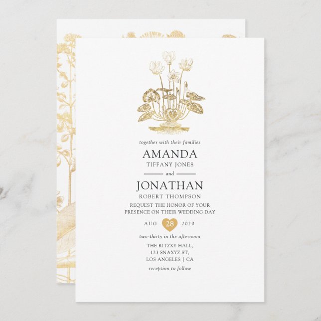 Chic Gold Floral Wedding Invitation (Front/Back)