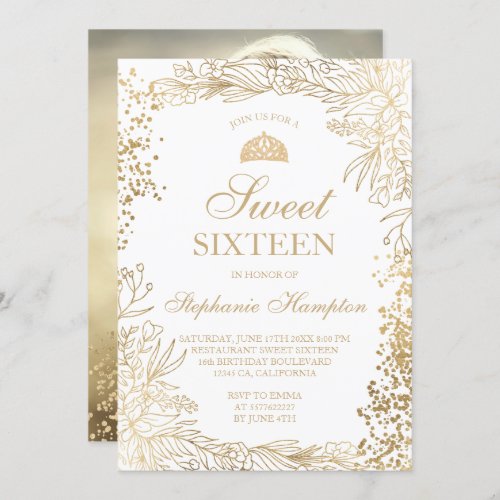 Chic gold floral white Tiara chic Sweet 16 Invitation