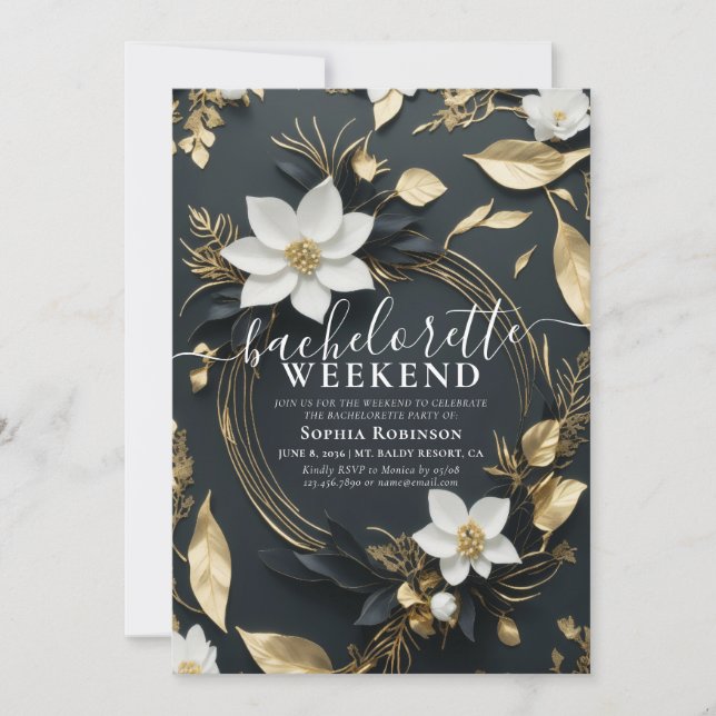 Chic Gold Floral Wreath Bachelorette Party Weeken Invitation (Front)