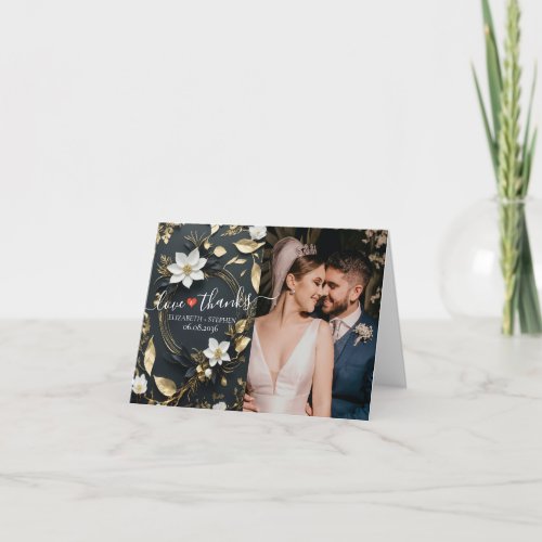 Chic Gold Floral Wreath Photo Wedding Love Thanks Thank You Card