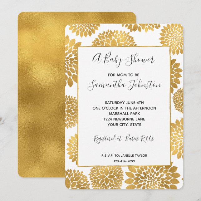 Chic Gold Flowers Baby Shower Invitation (Front/Back)