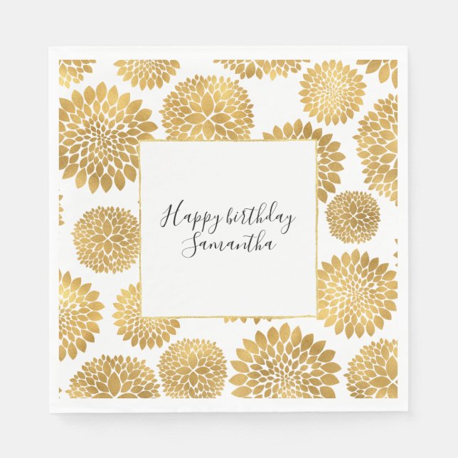 Chic Gold Flowers Birthday Paper Napkins (Front)