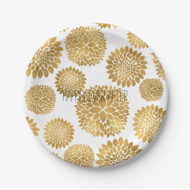 Chic Gold Flowers Birthday Paper Plates (Front)