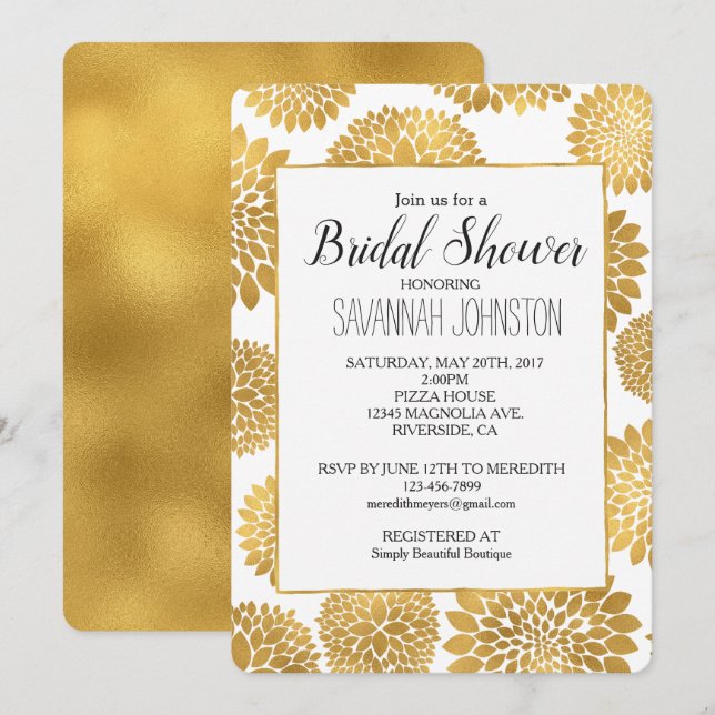 Chic Gold Flowers bridal shower Invitation (Front/Back)