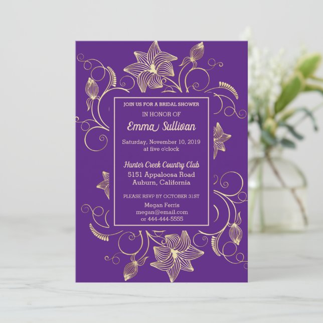 Chic Gold Flowers Bridal Shower Invitation (Standing Front)
