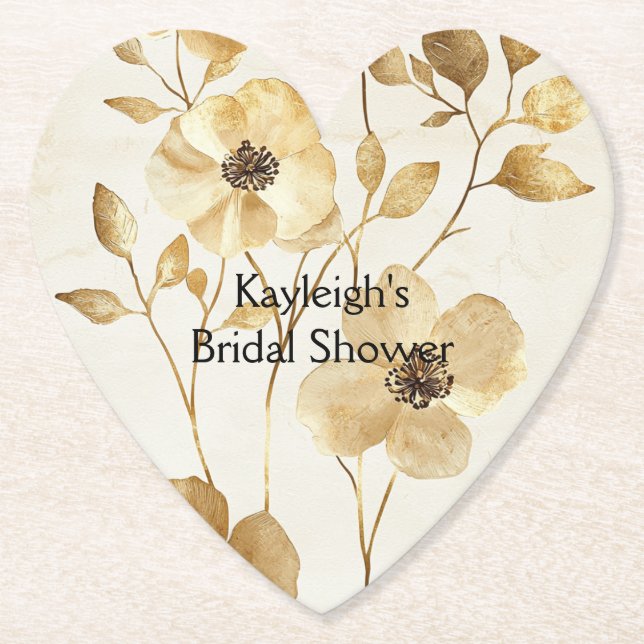 Chic Gold Flowers Bridal Shower Paper Coaster (Front)