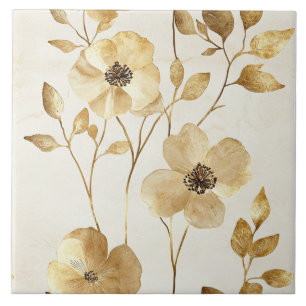 Chic Gold Flowers Ceramic Tile