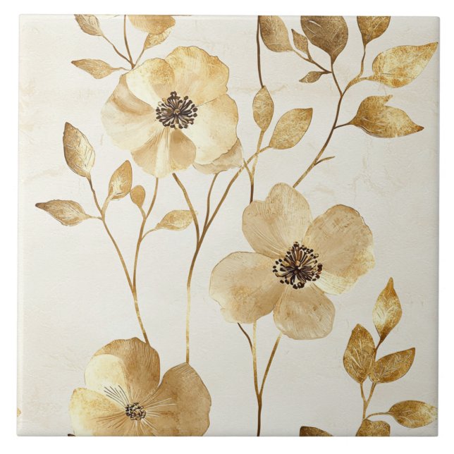 Chic Gold Flowers  Ceramic Tile (Front)