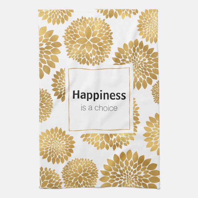 Chic Gold Flowers Happiness Kitchen Towel (Vertical)