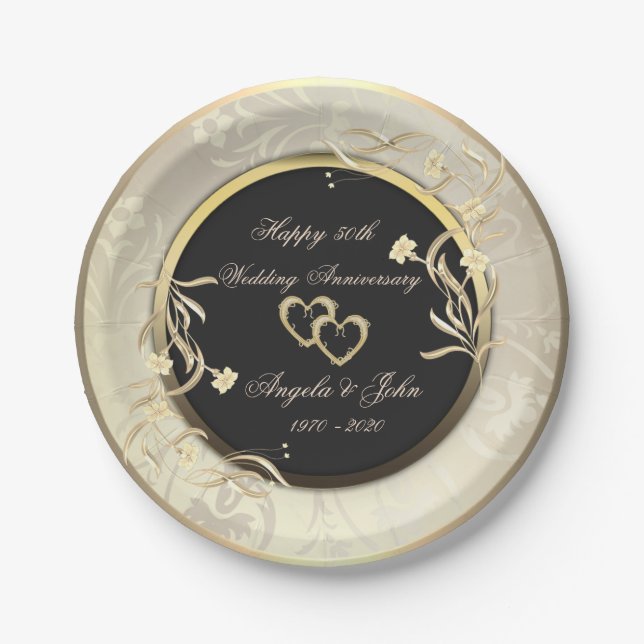 Chic Gold Flowers Hearts 50th Wedding Anniversar Paper Plates (Front)