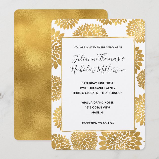 Chic Gold Flowers Wedding Invites (Front/Back)