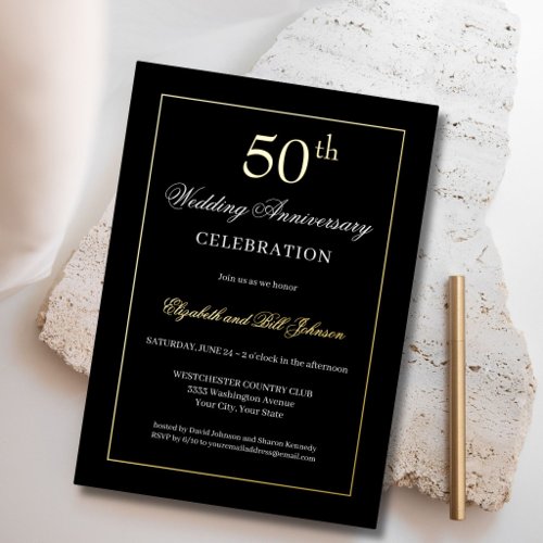Chic Gold Foil and Black 50th Wedding Anniversary Invitation